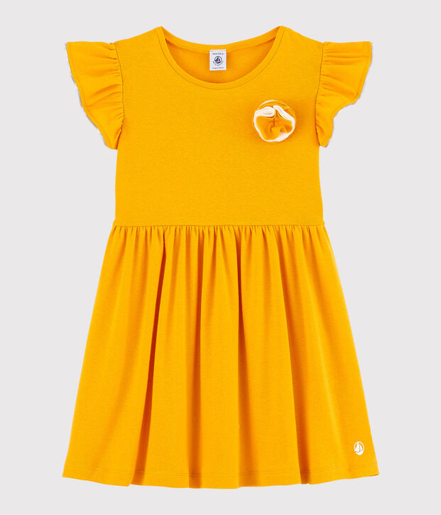 Vestido de manga corta de algod&oacute;n y lino de ni&ntilde;a amarillo