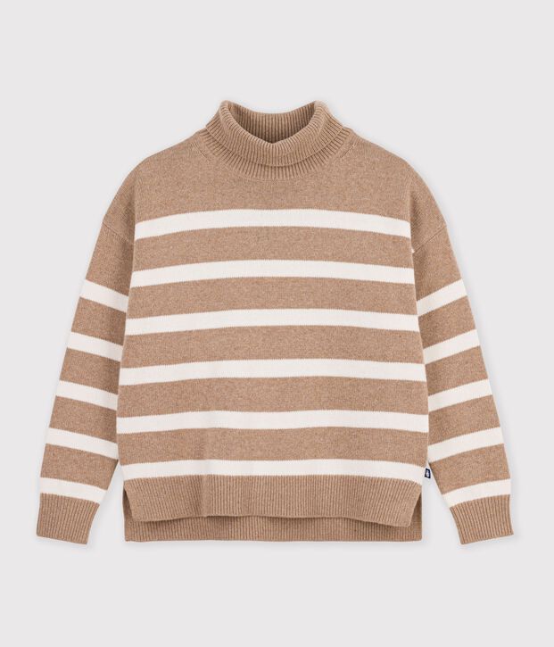 Jersey de cuello alto de lana y algod&oacute;n a rayas para mujer beige/crudo