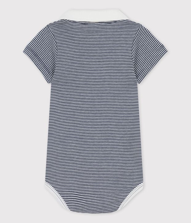 Bodi de beb&eacute; con cuello de polo milrayas de algod&oacute;n ecol&oacute;gico azul/blanco