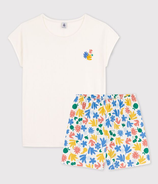 Pijama corto de algod&oacute;n para chica blanco/multicolor
