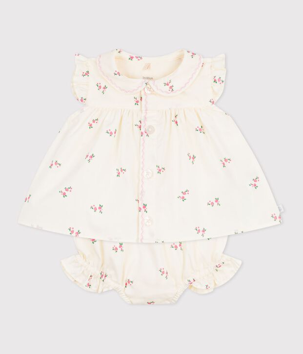 Conjunto de 2 piezas de algod&oacute;n con blusa y pololo estampados de flores para beb&eacute; crudo/multicolor