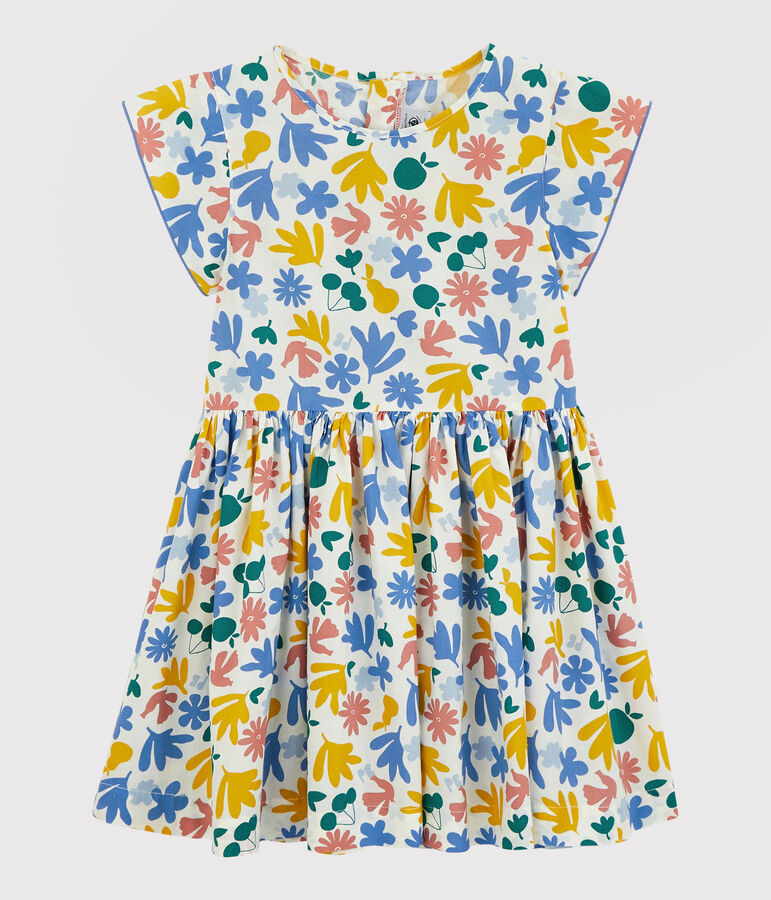 Vestido de popelina de manga corta para ni&ntilde;a blanco/multicolor