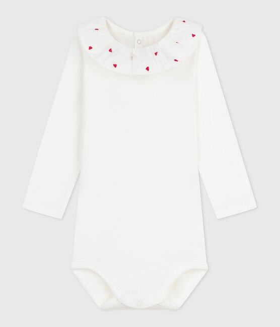 Body de algodón liso con cuello bordado para bebé blanco MARSHMALLOW