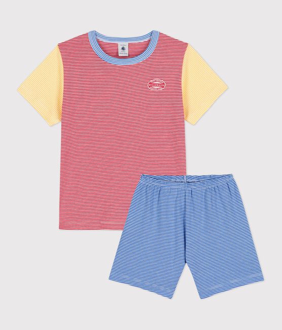 Pijama corto de algodón milrayas rojo, azul y amarillo para niño rojo PEPS/blanco MULTICO
