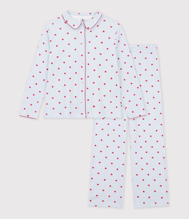 Pijama abotonado de algod&oacute;n con estampado de rayas y corazones para mujer blanco/multicolor