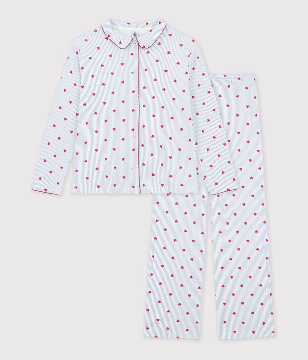 Pijama abotonado de algod&oacute;n con estampado de rayas y corazones para mujer blanco/multicolor