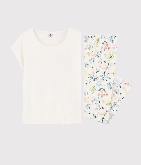 Pijama de flores primaverales de chica/mujer de algodón blanco MARSHMALLOW/blanco MULTICO