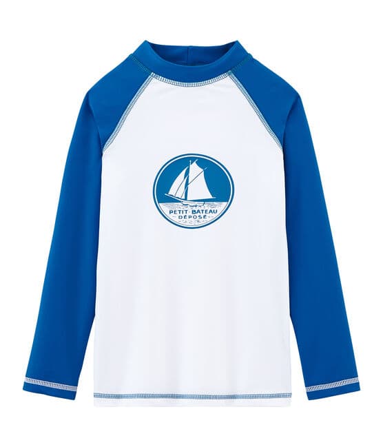 Camiseta de protección solar para niño y niña blanco MARSHMALLOW/azul RIYADH