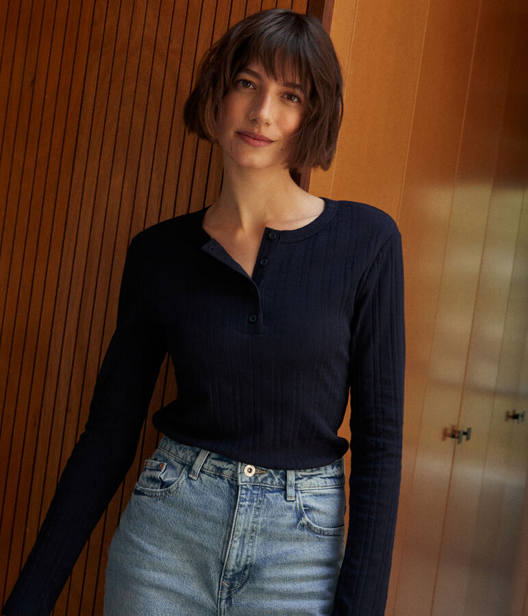 Camiseta lisa de manga larga de punto desagujado con cuello mao para mujer azul SMOKING