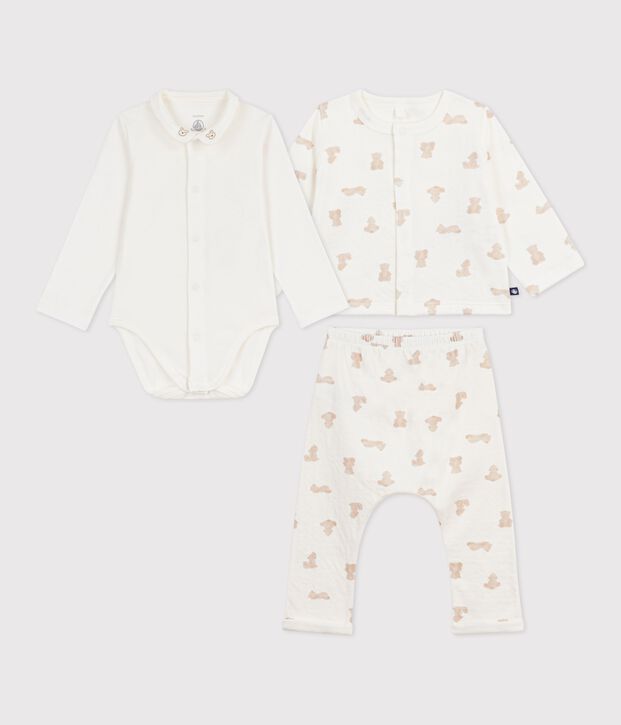 Conjunto largo de 3 piezas de algod&oacute;n con estampado de ositos para beb&eacute; blanco/BRUN