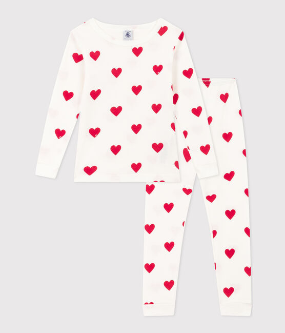 Pijama de algodón ajustado con corazones para niña blanco MARSHMALLOW/rojo TERKUIT