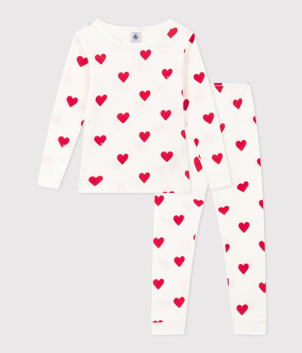 Pijama de algod&oacute;n ajustado con corazones para ni&ntilde;a blanco/rojo