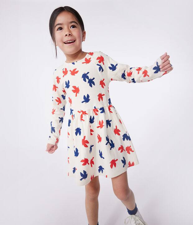 Vestido infantil de algod&oacute;n de manga larga con estampado crudo/multicolor