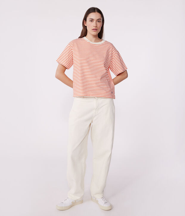 Camiseta Boxy de algod&oacute;n a rayas para mujer rojo/rojo