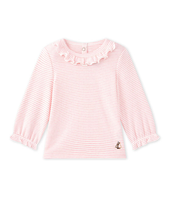 Camiseta bebé niña a rayas blanco MARSHMALLOW/rosa PETAL