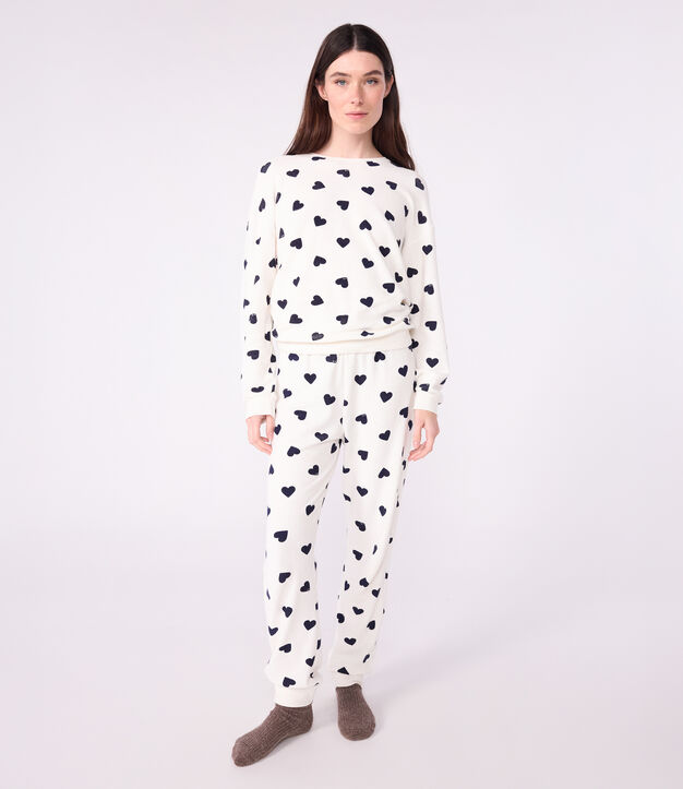 Pijama de rizo de algod&oacute;n con estampado de corazones para mujer azul/azul
