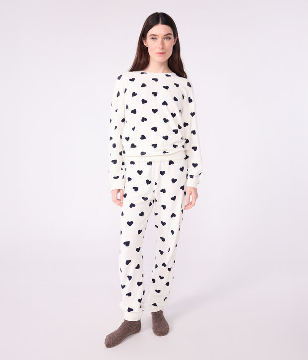 Pijama de rizo de algod&oacute;n con estampado de corazones para mujer azul/azul