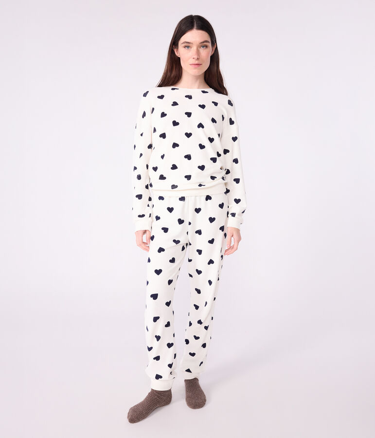 Pijama de rizo de algod&oacute;n con estampado de corazones para mujer azul/azul