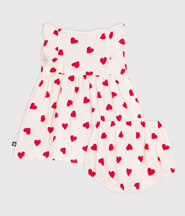 Vestido de algod&oacute;n y pololo con estampado de corazones para beb&eacute; rojo/rojo