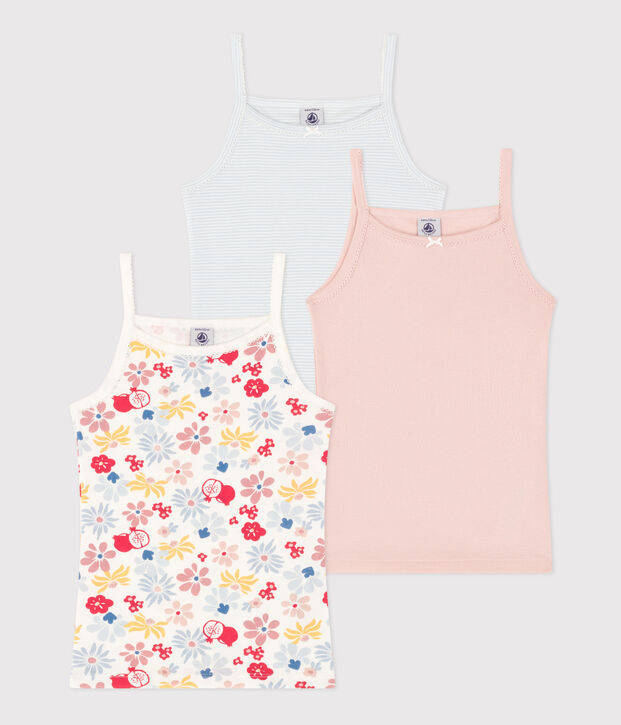 Juego de 3 camisetas de tirantes infantiles de algod&oacute;n con flor multicolor