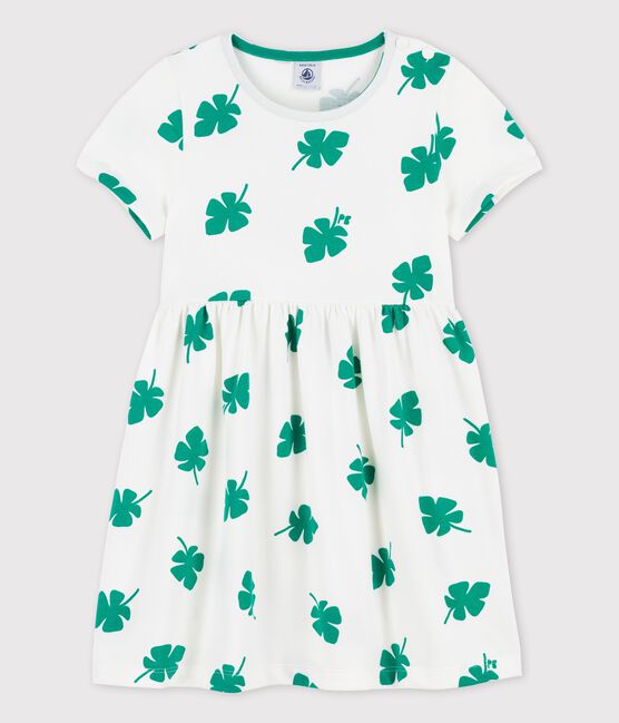 Vestido de manga corta de muletón de niña blanco MARSHMALLOW/verde GAZON
