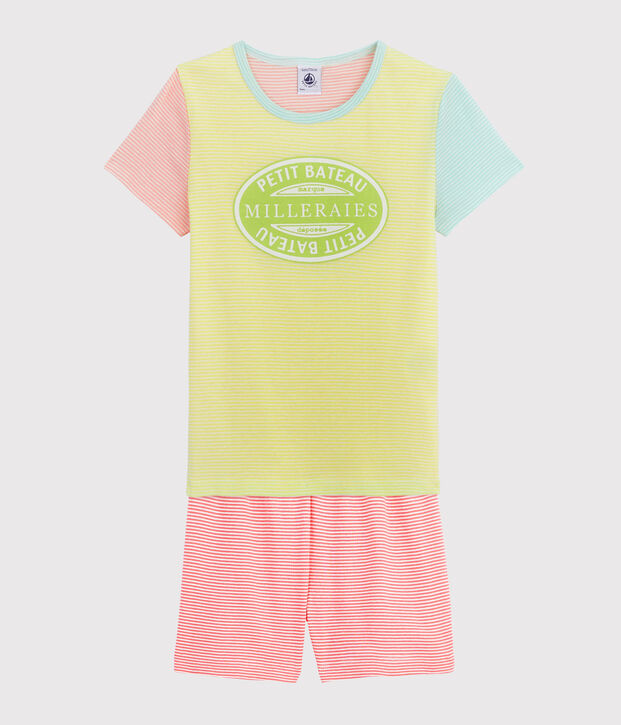 Pijama corto de rayas mulitcolores para ni&ntilde;a de punto amarillo/multicolor