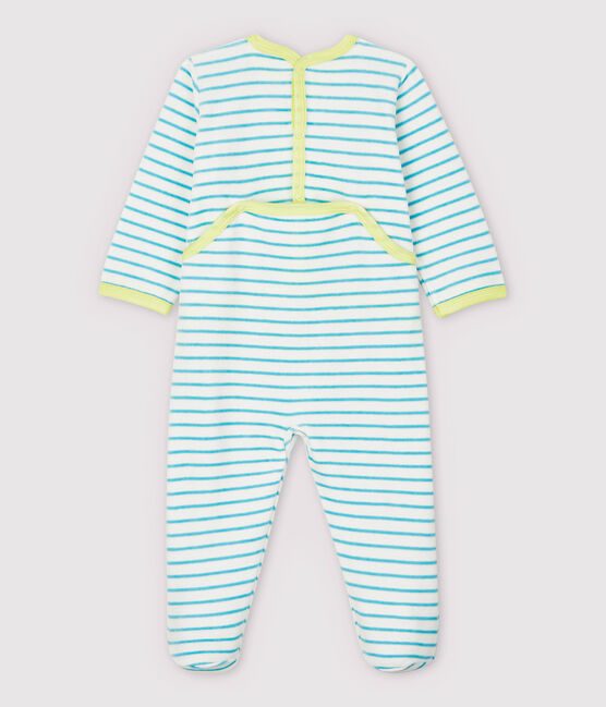 Pijama enterizo de rayas azules de terciopelo de bebé blanco MARSHMALLOW/azul TIKI