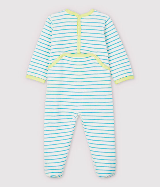 Pijama enterizo de rayas azules de terciopelo de bebé blanco MARSHMALLOW/azul TIKI