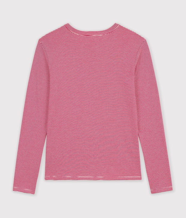 Camiseta de manga larga de algod&oacute;n a rayas para mujer rojo/blanco