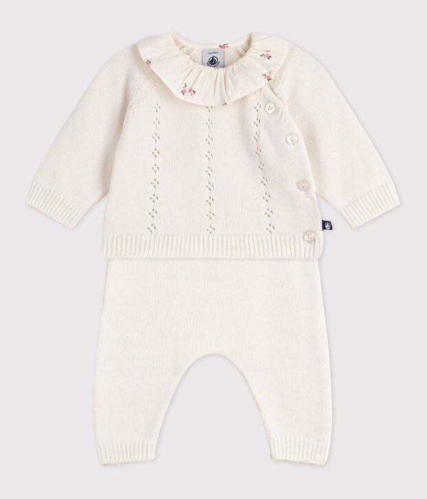 Conjunto de 2 piezas de lana y algod&oacute;n y collar&iacute;n de flores para beb&eacute; blanco