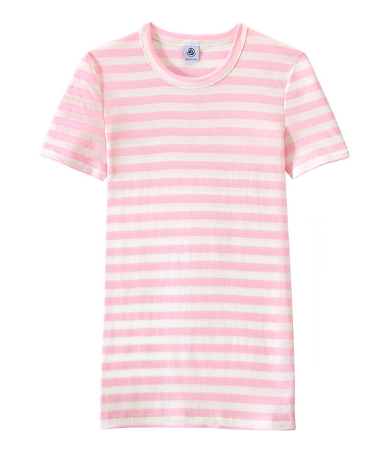 Camiseta de mujer en canalé original de rayas rosa BABYLONE/blanco MARSHMALLOW