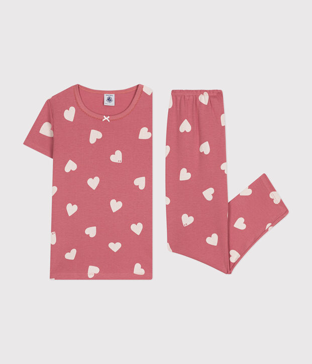 Pijama infantil de algod&oacute;n con estampado corazones rosa/crudo
