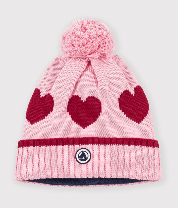 Gorro infantil de punto tricotado de jacquard con forro polar rosa/rojo