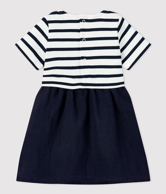 Vestido bimaterial de gasa de algodón y jersey grueso ecológico para bebé blanco MARSHMALLOW/azul SMOKING