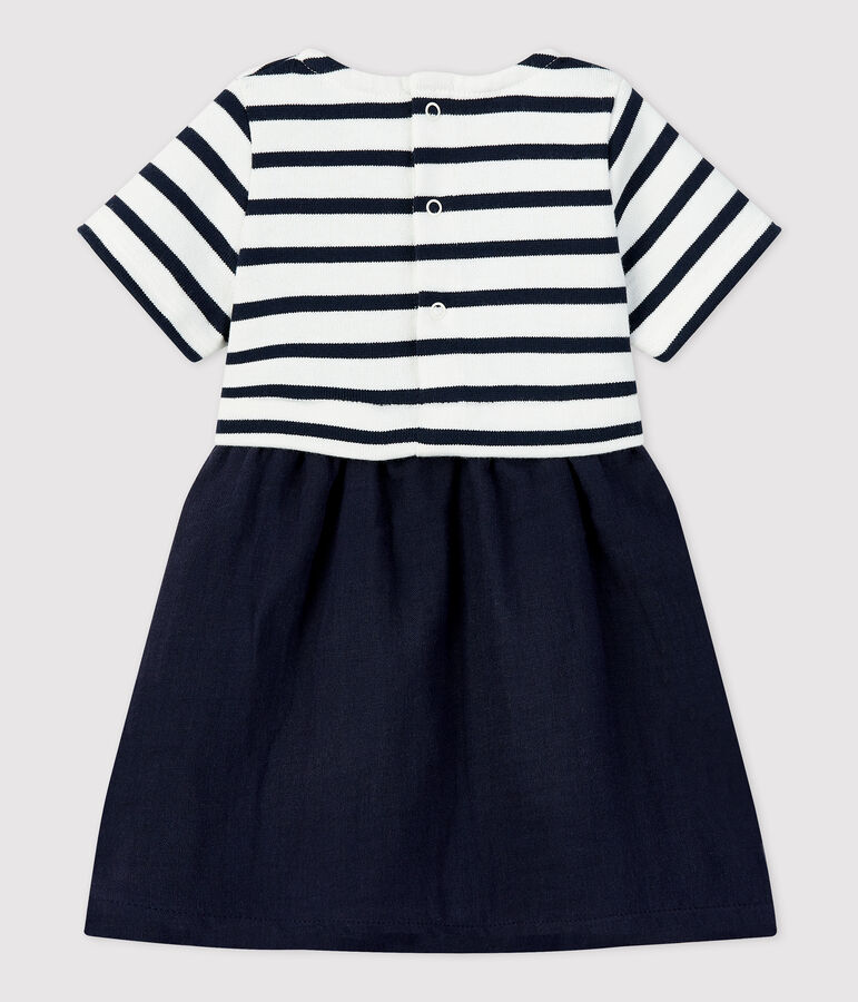 Vestido bimaterial de gasa de algod&oacute;n y jersey grueso ecol&oacute;gico para beb&eacute; blanco MARSHMALLOW/azul SMOKING