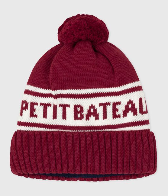 Gorro infantil de punto tricotado con forro polar Petit Bateau rojo AMARANTE/ MARSHMALLOW