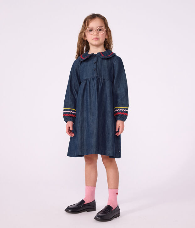 Vestido infantil liso de manga larga de tejido denim azul