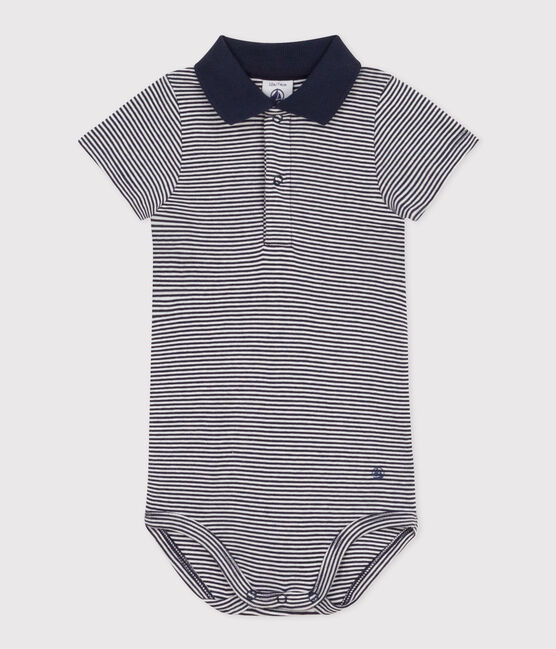Bodi de algodón de manga corta con cuello de polo a rayas para bebé azul SMOKING/blanco MARSHMALLOW