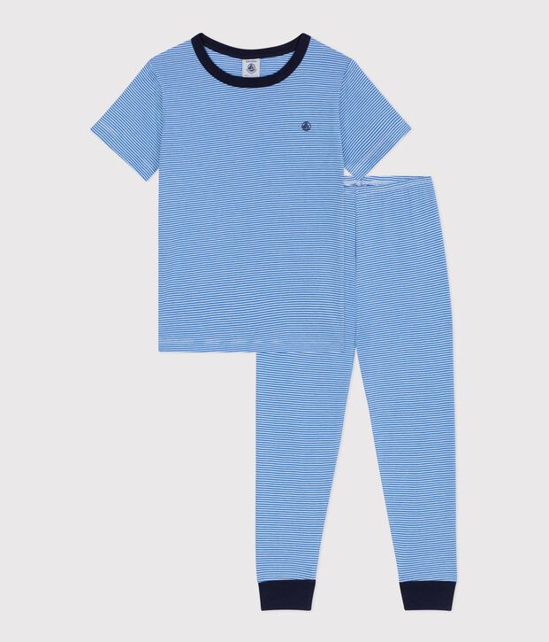 Pijama infantil de algod&oacute;n de manga corta y pierna larga a rayas azul/blanco