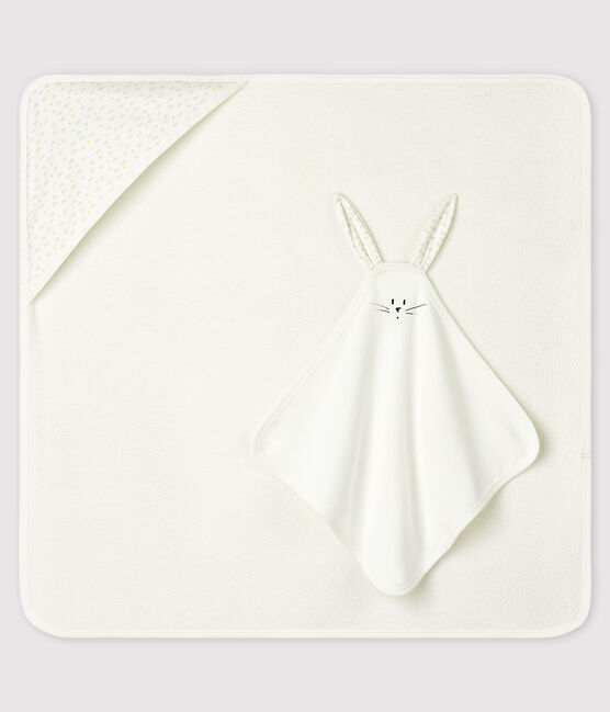 Estuche con toalla cuadrada de baño y peluche de bebé de rizo y tejido túbico de algodón orgánico blanco MARSHMALLOW/blanco MULTICO