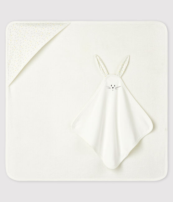 Estuche con toalla cuadrada y doudou de bebé de esponja y algodón ecológico blanco MARSHMALLOW/blanco MULTICO