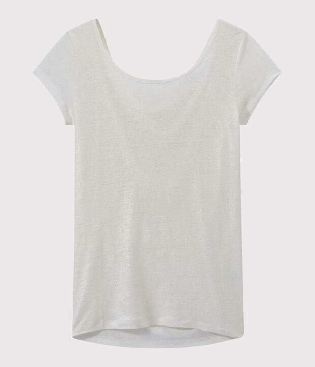 Camiseta de lino con cuello redondo blanco/amarillo