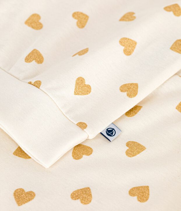 Pijama de mujer de algod&oacute;n con estampado de corazones dorados crudo/amarillo