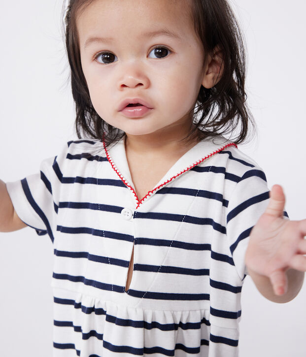 Vestido marinero de algod&oacute;n con manga corta y cuello de uniforme para beb&eacute; blanco/azul
