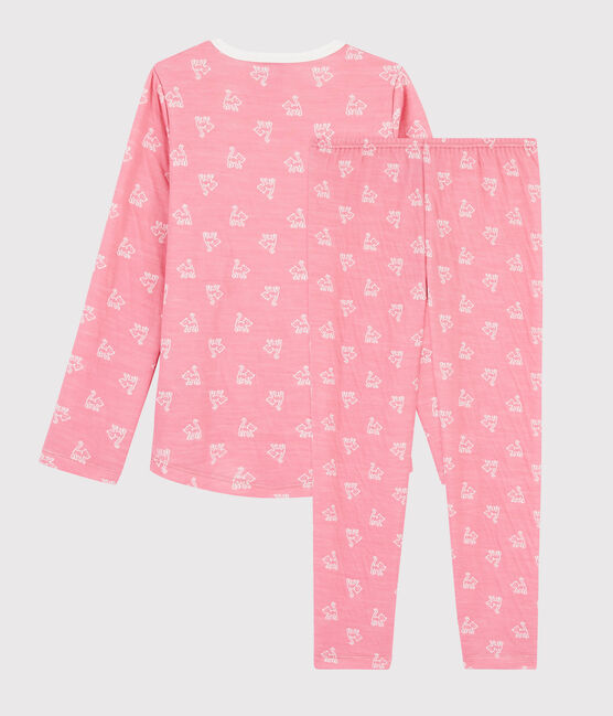 Pijama de jacquard con gatitos para niña de lana y algodón rosa CHEEK/blanco MARSHMALLOW