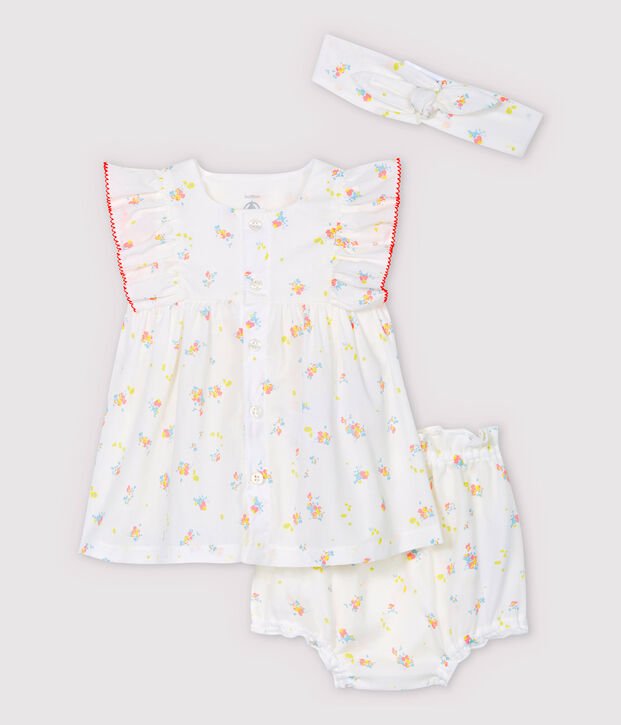 Vestido sin mangas con braguitas bloomer y diadema de beb&eacute; ni&ntilde;a en popelina de algod&oacute;n ecol&oacute;gico blanco/multicolor
