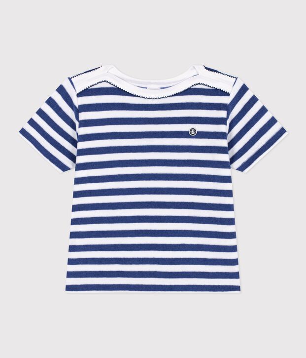 Camiseta infantil de manga corta de algod&oacute;n a rayas azul/blanco