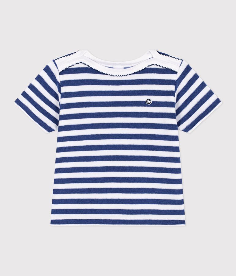 Camiseta infantil de manga corta de algod&oacute;n a rayas azul/blanco
