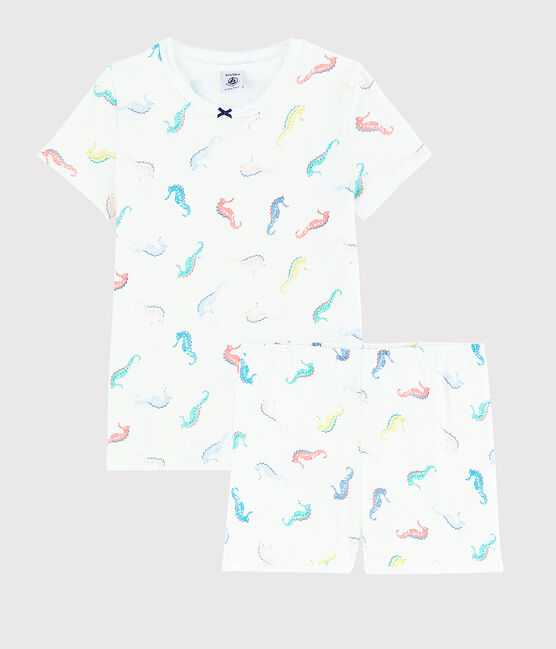 Pijama corto con estampado de caballitos de mar de algodón de niña blanco MARSHMALLOW/blanco MULTICO