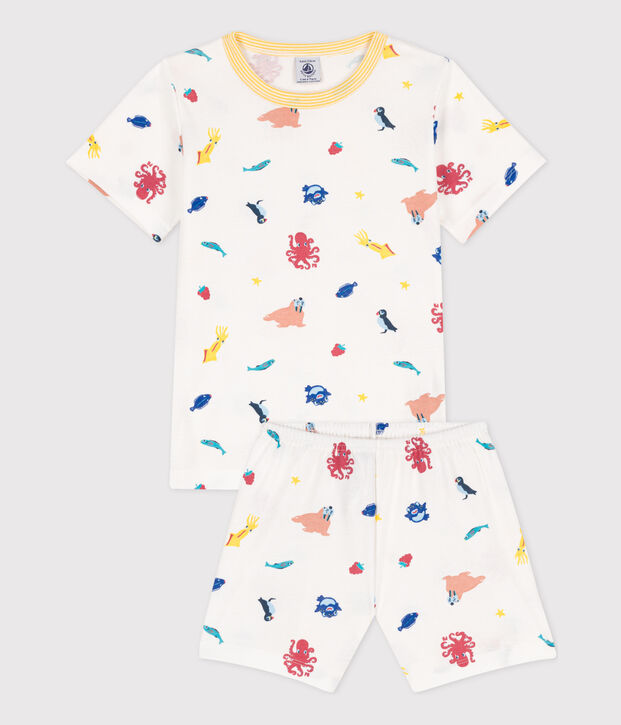 Pijama corto fosforescente de algod&oacute;n para ni&ntilde;o/ni&ntilde;a blanco/multicolor